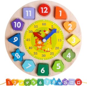 Skrtuan Wooden Sorting Clock Toy for Toddlers 1-3 Years Old, Montessori Shape Color & Animal Puzzle, Educational Learning Gift for Teaching Time, Numbers, and Fine Motor Skills