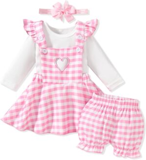 Unutiylo Baby Girl Skirt Sets 4Pcs Infant Long Sleeve Knit Shirt Ruffle Plaid Suspender Dress Shorts with Headband 0-24M