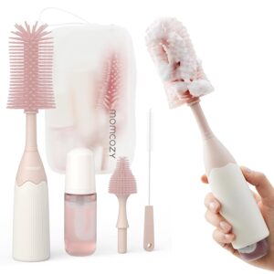 Momcozy Bottle Brush Kit, Innovative Push-Press Design for Better Cleaning – Baby Bottle Cleaner Brush for Baby Bottle, Breast Pumps, Nipples, and More – Can Generate Foam for Better Cleaning, Pink