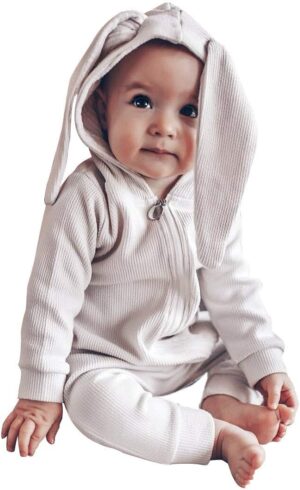 Simplee kids Animal Bunny Baby Easter Romper Long Ear Rabbit Hoodie Romper Jumpsuit with Zipper