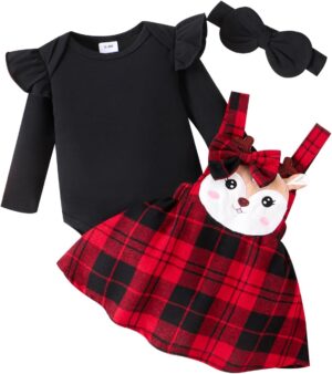 Christmas Baby Girl Outfit Newborn Cute Elk Fly Sleeve Romper Overall Dress Infant Girls Fall Winter Skirt Set