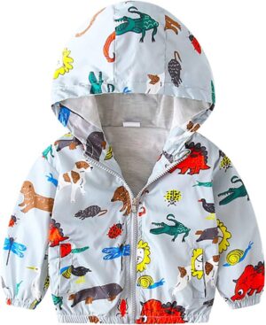 FYMNSI Toddler Baby Boys Girls Hooded Jacket Windbreaker Lightweight Dinosaur Print Coat Autumn Long Sleeve Windproof Outwear