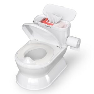 2-in-1 Toddler Potty Training Toilet – Larger Potty Chair & Detachable Training Seat for Boys & Girls Ages 1-3 with Flushing Sound, Wipes Storage, Toilet Paper Holder