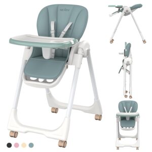 Baby High Chair with 4 Wheels for Babies & Toddlers,for 6 Months-6 Years,Up to 110 LBs/50kg,Removable Dishwasher Meal Tray,Adjustable Backrest Footrest Tray Positions Seat Heights(Green)