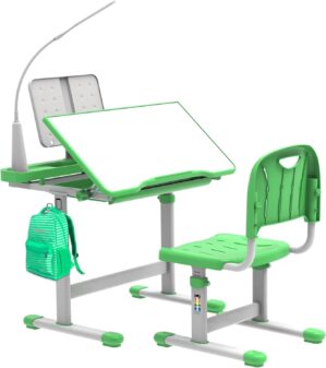 BELANITAS Kids Desk and Chair Set 5-8 Year Old, Height-Adjustable Kids School Desk with 40-Degree Tilted Desktop,Led Lamp,Large Drawer,Birthday Gift Green
