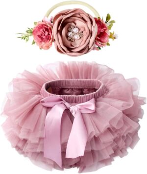 Tutu.kk Toddle Tutu Skirt for Baby Girl with Diaper Cover, Soft Baby Tutu Dress 0-6months with Flower Headband