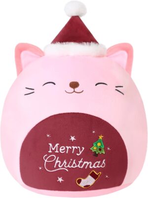 SQEQE Christmas Cat Stuffed Animal Pink Cat Plush Wearing Red Hat Kawaii Stuffed Toys Soft Home Plushie Decoration Gifts for Boys Girls (Red, 10 Inch)