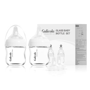 Small Glass Baby Bottle for Newborn Breastfeeding Babies, Preemie & Extra Slow Flow Nipples (SS), Anti-Colic, Breast-Like, 0 Months+, 3 oz, 2 Pack – White