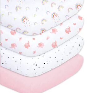 Plushii Crib Sheets for Baby Girls 4 Pack, 28″x 52″ Extra Soft Microfiber Crib Sheet Set for Standard Crib & Toddler Mattress Pad, Rainbow & Elephant & Stars & Pink
