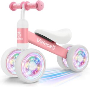 Vvinca Baby Balance Bike for 1 Year Old Girl Gifts, 4 Colorful Lighting Silent Wheels, 10-24 Month Toddler Soft Seat Balance Bike, Children’s First No Pedal Ride On Toys, 1st Birthday Gifts for Girls