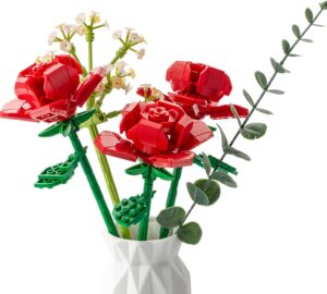 Rose Flower Bouquet Building Kit for Adult Women, Building Blocks Flowers for Mother Toy Presents for Valentine’s Home Decoration Birthday Gifts for Mom Adults (Rose and White)
