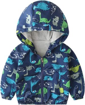 FYMNSI Toddler Baby Boys Girls Hooded Jacket Windbreaker Lightweight Dinosaur Print Coat Autumn Long Sleeve Windproof Outwear