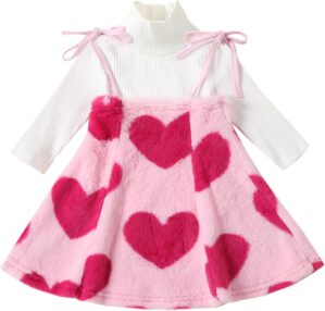 Toddler Kids Girl Skirts Set Baby Valentines Outfit Ribbed Long Sleeve Tops Heart Slip Suspender Skirt Spring Dress