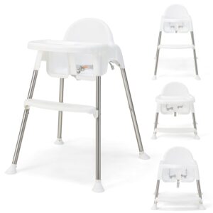 HONEY JOY Baby High Chair, 4 in 1 Convertible Highchair for Babies and Toddlers, Adjustable Legs, Double Removable Tray & Footrest, 3-Point Safety Harness for Infants Boys Girls (White)