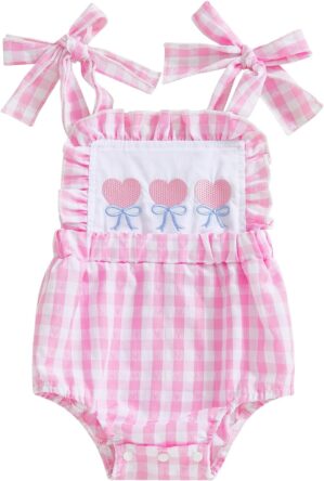 Sasaerucure Baby Girl Valentines Outfit Newborn Infant Heart Onesie Sleeveless Strap Pink Romper Clothes