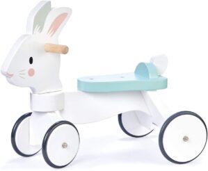 Tender Leaf Toys – Running Rabbit Ride On – Wooden Four Wheeled Push Balance Rabbit Themed Bike with Rubber Ring and Handle – Early Walk Development and Muscle Strength Enhancement for Children 18M+