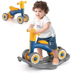 BABY JOY 3 in 1 Rocking Horse, Kids Ride on Toy Balance Bike w/ 4 Smooth Wheels, Detachable Balance Board and Height Adjustable Seat, Baby Rocking Toy for Boys Girls 1-3 Years Old (Navy+Yellow)