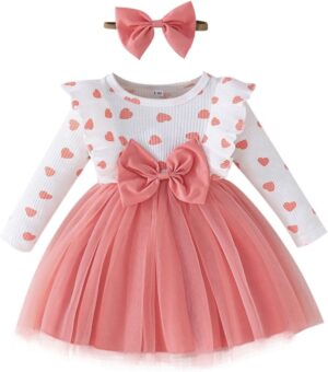 Toddler Baby Girl Valentines Dress Ribbed Ruffle Long Sleeve Heart Print Dress Tulle Tutu Skirts Spring Clothes