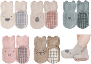 Exegawe Toddler Non Slip Socks, Cute Baby Socks with Grips Crew Socks 5 Pairs