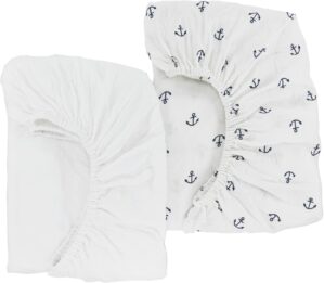 Synrroe Fitted Muslin Crib Sheets 2 Pack, Stretchy Crib Bed Sheets for Babies Girls 28″ by 52″, Super Soft and Comfortable 100% Cotton Bed Sheets Double Layers (White-Anchor)