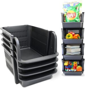Skywin Plastic Stackable Storage Bins – 4 Pack Open Front Storage Bins Large For Toy Organizers and Storage Bins For Pantry, Kitchen, and Bathroom Essentials (Black)