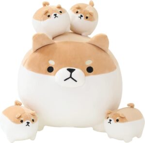SQEQE Stuffed Animal Shiba Inu Plush Toy with 4 Baby Shiba Inu Plushies in her Tummy, Stuffed Cotton Plush Animal Toy Gift for Kids