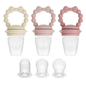 PandaEar 3 Pack Baby Fruit Food Feeder Pacifier with 3 Different Size Silicone Pouch, Silicone Teethers for Babies 3-6-12 Months, BPA Free Mesh Feeder, Baby Solid Food Essentials