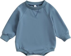 Infant Baby Girl Boy Oversized Sweatshirt Romper Solid Crewneck Sweater Romper Long Sleeve Bubble Bodysuit Tops