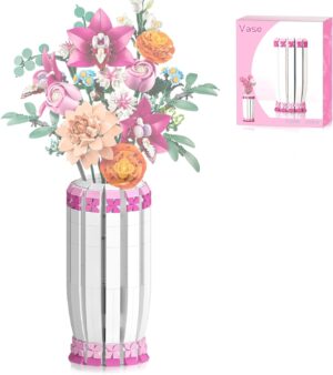 Vase for Lego 10280 10328 10342 Flower Bouquet Building Decoration Set and Artificial Flowers, Pink Vase Building Blocks for Valentine’s Day for Her and Girls Adults, Vase Only