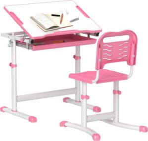 Qaba Kids Desk and Chairs Set, Height Adjustable Children School Study Desk with Tilt Desktop, Storage Drawer, Pen Slot, Hook, Ergonomic Table and Chair Set for Kids, Pink