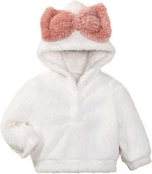 ROMPERINBOX Baby Girl Hoodie With Large Bow Fuzzy Hooded Sweatshirt Long Sleeve Pullover Fall Winter Outfits