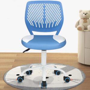 FurnitureR Desk Chair Small Study Chairs Armless for Child Kids Teens, Swivel Rolling Lightweight Task Chair with Wheels and Pu Leather Padded Cushion, Blue/White