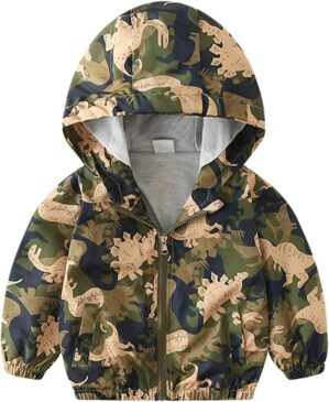 FYMNSI Toddler Baby Boys Girls Hooded Jacket Windbreaker Lightweight Dinosaur Print Coat Autumn Long Sleeve Windproof Outwear