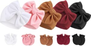 BQUBO Newborn Baby Girls Hats Mittens Set Hospital Hat Beanie Infant Bow Hats Baby Cotton Gloves for 0-6 Months