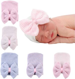Newborn Hospital Hat Infant Baby Hat Caps with Bow Soft Cute Nursery Beanie Hat