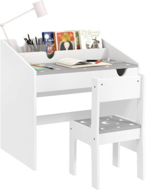 Qaba Kids Desk and Chair Set, Kids Study Desk with Storage, Student Writing Desk for Bedroom & Study Room with Drawer, for Children Girls Boys Aged 3-6 Years, Bow Pattern, Gray