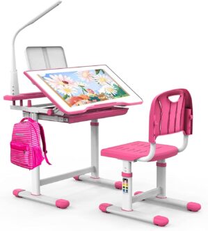 BELANITAS Kids Desk and Chair Set Multi Functional School Desk for Kids 5-8 Years,40 Degree Tiltable Desktop,Height Adjustable,Birthday Gift,Pink