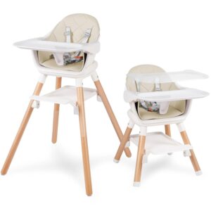 Baby High Chair, 6 in 1 Convertible Wooden High Chairs for Babies and Toddlers, Baby HighChair with Removable Double Tray & Adjustable Footrest