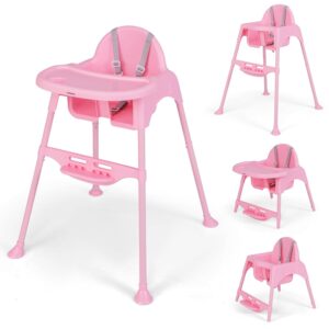 BABY JOY Baby High Chair, 4 in 1 Convertible Highchair with Adjustable Legs & Footrest, Removable Tray, Safety Harness, Infant Feeding Chair, High Chairs for Babies and Toddlers 6-36 Months (Pink)