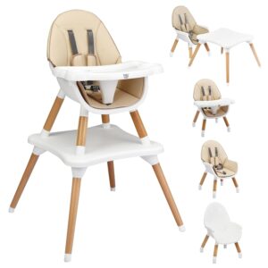 BABY JOY 5 in 1 High Chair, Convertible High Chairs for Babies and Toddlers/Booster Seat/Table and Chair Set, Infant Wooden Highchair w/ 5-Point Harness, 4-Position Removable Tray & PU Cushion (Khaki)