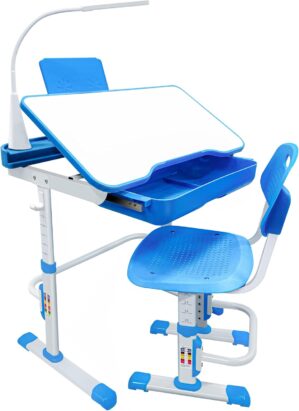 Yinleader Kids Desk and Chair Set,Height Adjustable,Spacious Storage Drawer,with Adjustable Tilted Desktop, Bookstand, Touch Led Lamp for School Student (Blue Set)