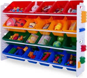 UNiPLAY Toy Organizer with 20 Removable Storage Bins, Multi-Bin Organizer for Books, Building Blocks, School Materials, Toys with Baseplate Board Frame (Primary)