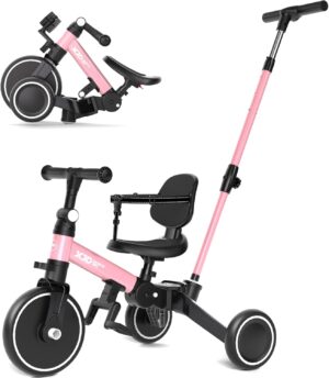 XJD Toddler Bike, 6 in 1 Folding Toddler Tricycle for 1-4 Year Old with Push Handle, Balance Bike with Removable Pedal,Backrest, Adjustable Seat Height and Handle, First Birthday Gifts (Pink)