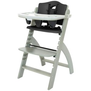 Abiie Beyond Junior Wooden High Chair with Tray – Convertible Baby Highchair – Adjustable High Chair for Babies/Toddlers/6 Months-250 Lbs – Misty Grey Wood/Black Pearl Cushion