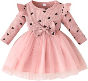 Toddler Baby Girl Valentines Dress Ribbed Ruffle Long Sleeve Heart Print Dress Tulle Tutu Skirts Spring Clothes