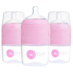 PopYum 5 oz Pink Anti-Colic Formula Making/Mixing/Dispenser Baby Bottles, 3-Pack with #1 Slow Flow Nipples, 150 ml, BPA-Free, Natural Latch
