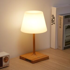 Portables Cordless Table Lamp, Outdoor Battery Operated Desk Lamp Waterproof, Built-in Rechargeable Battery, Touch Dimmable Night Light for Patio Camping Restaurant Home, Wood Grain
