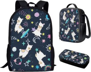 HUIACONG Alpaca Kids Cute Backpack and Lunch Box Set Planet Space School Bag with Lunch Bag for Boys Children Large Capacity Daypack for Hiking Outdoor Satchel