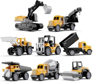 HONGTUO Alloy Mini Construction Vehicles,8Pcs Die-cast Construction Toys Set,Excavators Mixer Truck Bulldozers Forklift Dump Truck Toys,Pull Back Car Toys for Toddlers Kids Boys & Girls