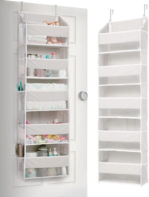 ULG 1-Pack Over Door Organizer with 5 Large Pockets 10 Mesh Side Pockets, 44 lbs Weight Capacity Hanging Storage Organizer with Clear Window for Bedroom Bathroom Kitchen, RV, Camper, Beige